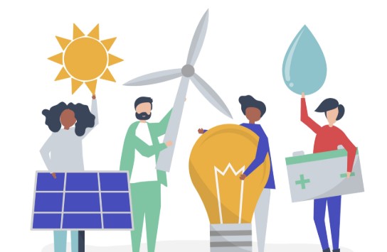 Illustratie van vier mensen met duurzame energiebronnen zoals zon, wind, water en batterij. (vergroot foto)