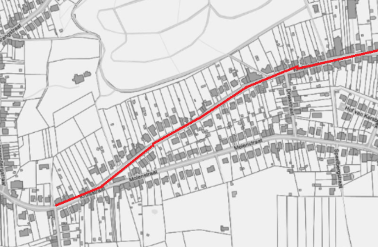 Kaart met een rode lijn die een route volgt langs de Molenstraat in een woongebied. (vergroot foto)