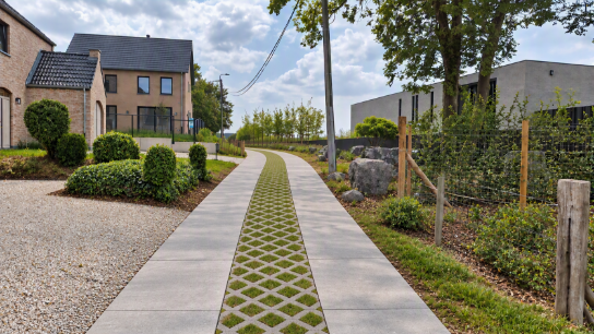 Een smal pad met gras in het midden tussen moderne huizen en groene struiken onder een bewolkte lucht. (vergroot foto)
