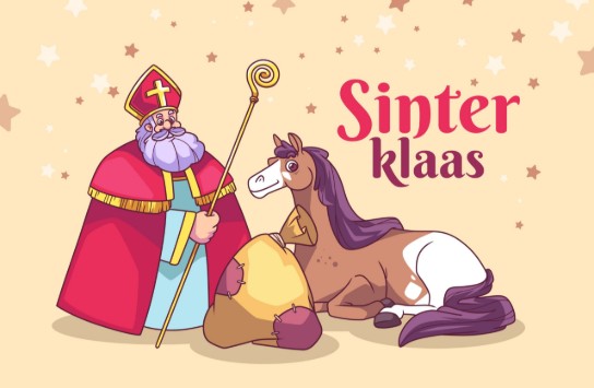 Illustratie van Sinterklaas met staf, zak en paard, met sterren op de achtergrond en tekst "Sinterklaas". (vergroot foto)