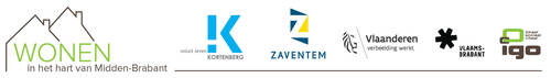 Banner Wonen in het hart van Midden-Brabant met logo's gemeente Kortenberg, gemeente Zaventem, Vlaanderen, provincie Vlaams-Brabant, logo IGO